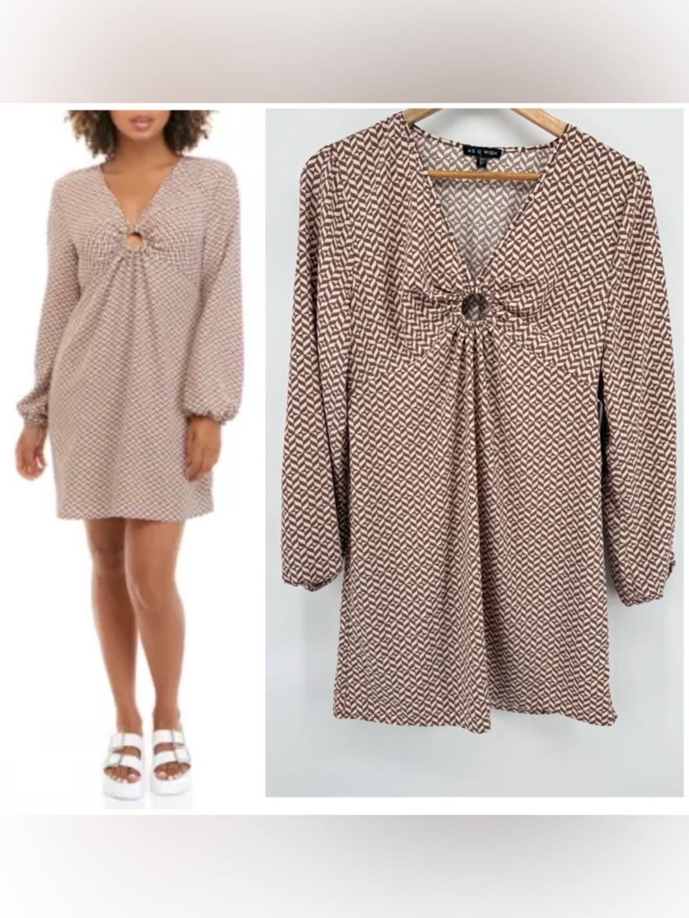 As U Wish Brown Geo-Print V-Neck long Sleeve O-Ring Dress Women's Sz Medium NWT